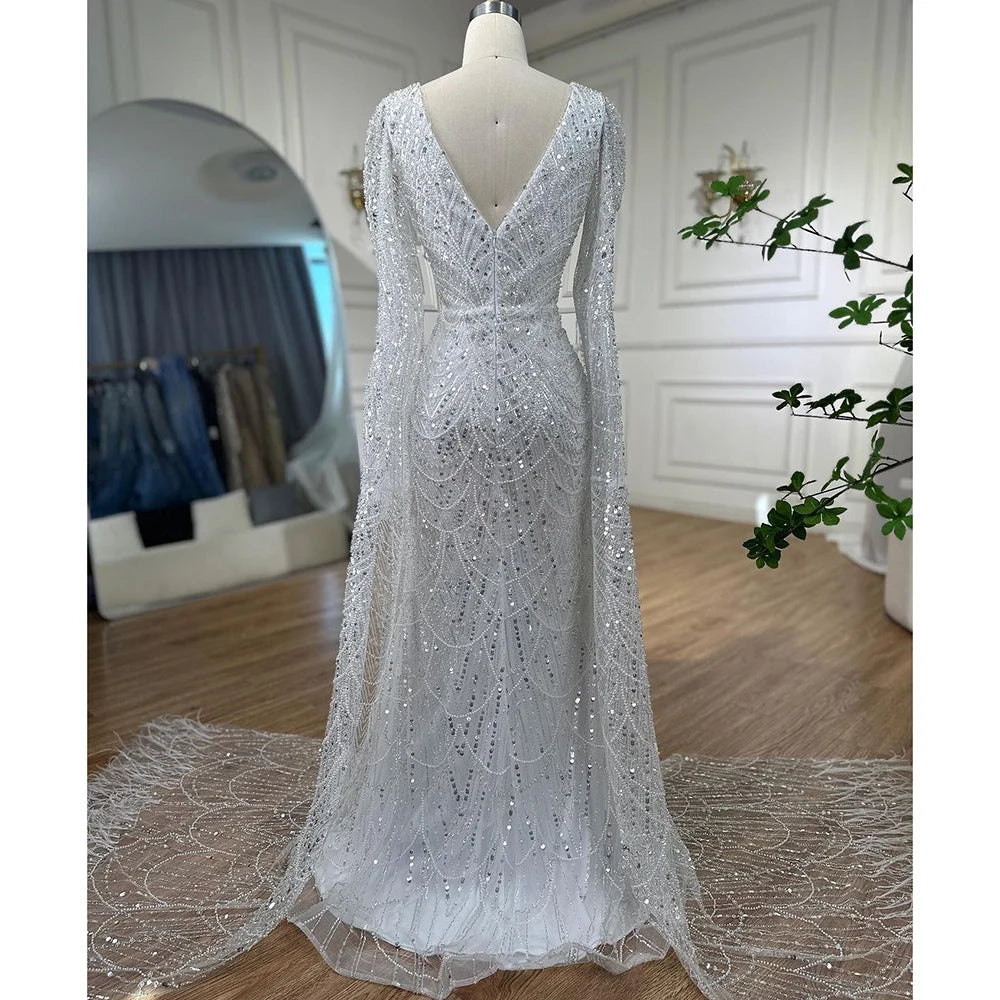 Serene Hill Arabic White Luxury Pearls Beaded Mermaid Cape Sleeves Evening Gowns 2024 For Women Wedding Party LA72160