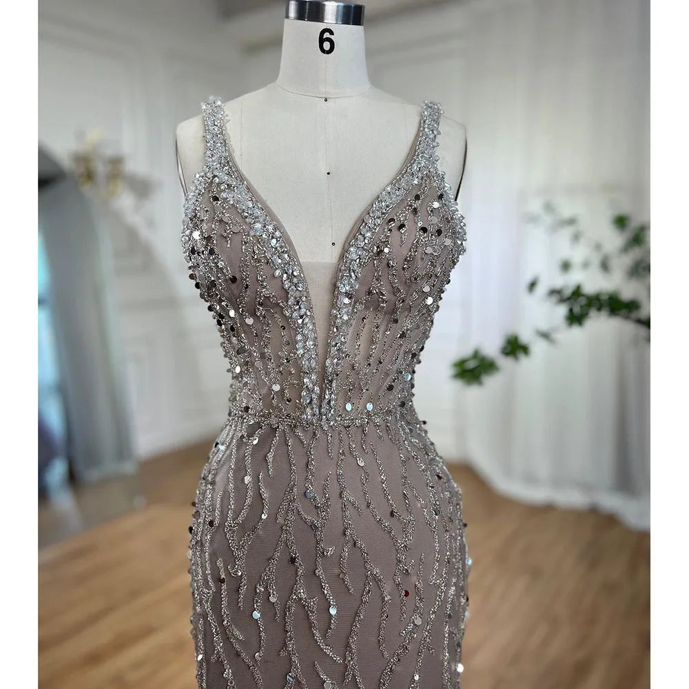 Serene Hill Pink Mermaid High Split Luxury Evening Dresses Feather Beaded Gowns Long 2024 For Women Wedding Party LA72152