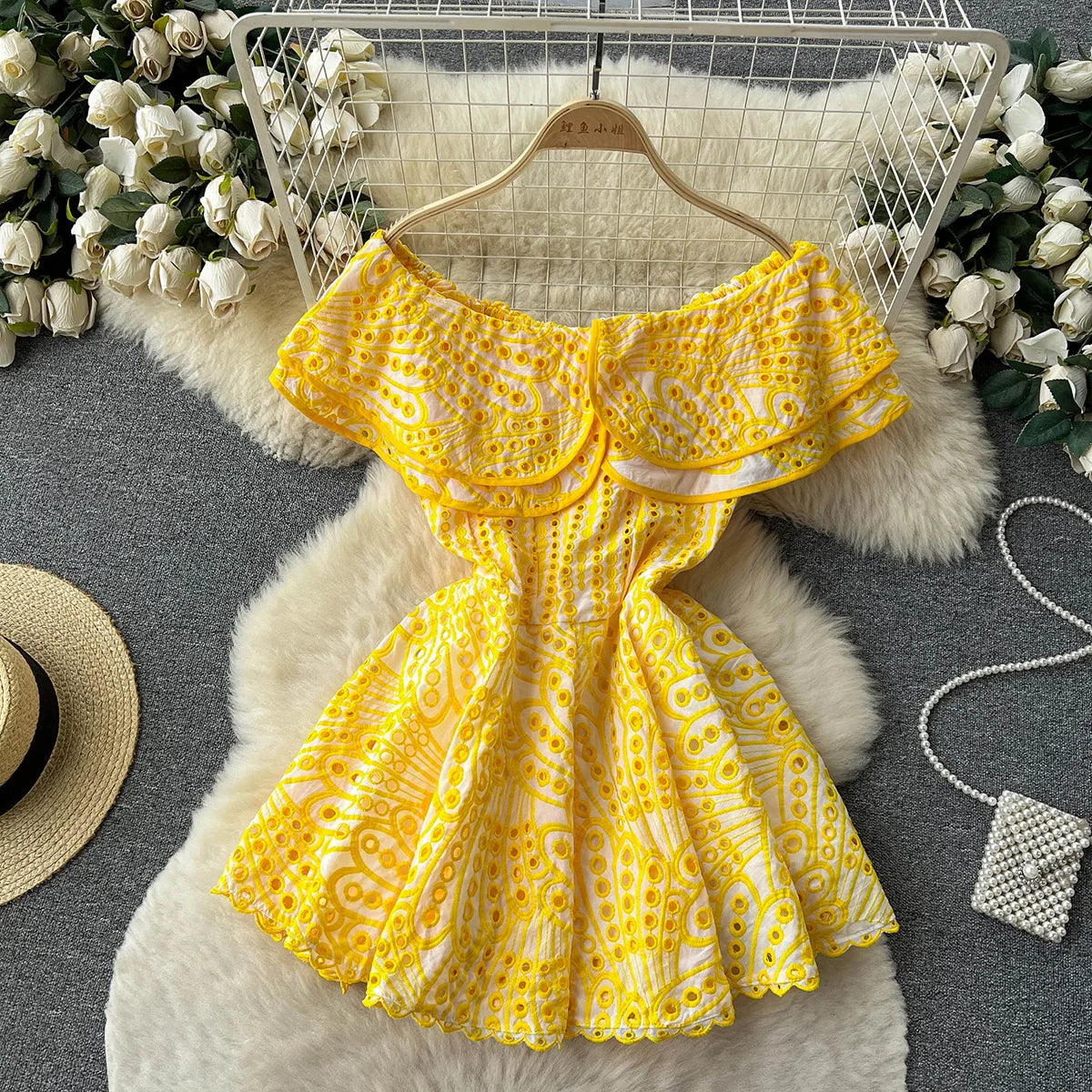 Summer Clothes For Women Ruffle Cutwork Embroidery Dress 2023 Party Sexy Off Shoulder Dress Vacation Mini Beach Dress Sundress