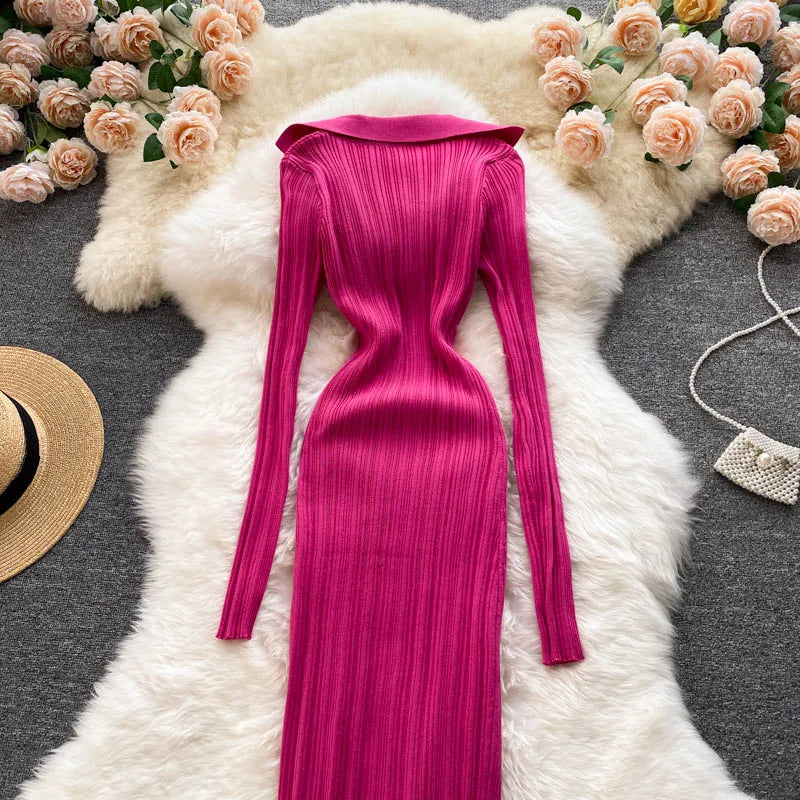 Women Chic Elegant Long Sleeve Split Bodycon Midi Dress Sexy French Fashion Knit Wrap Vestidos Elastic Slim Pencil Sweater Dress