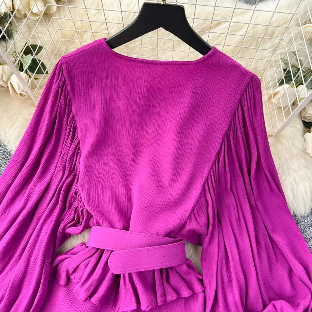 Vintage Puff Sleeve Ruffle Dress Women O-Neck A-Line Elegant Casual Party Prom Dresses Korean Autumn Fashion Female Vestidos New