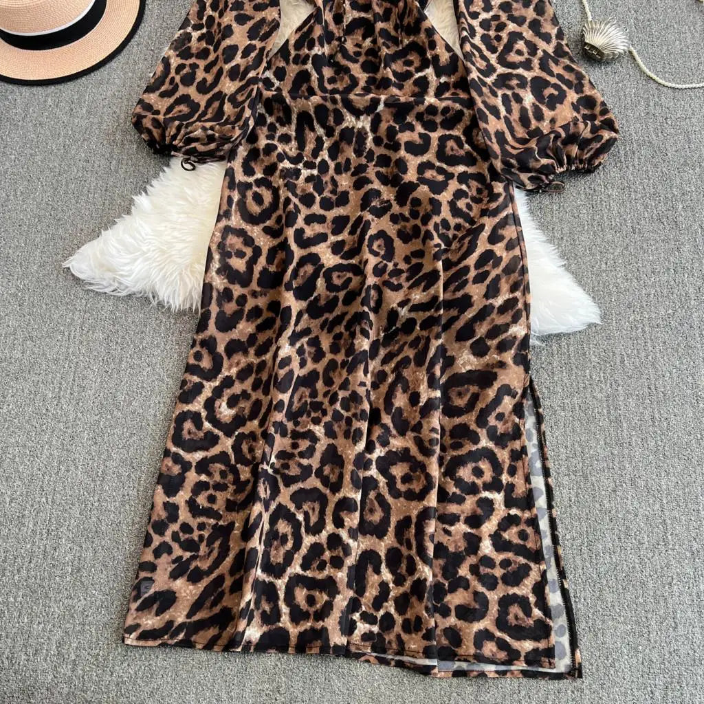 Autumn Elegant Women Leopard Print Long Sleeve Dress Casual Loose A-Line Slit Evening Dresses New Fashion Vintage Vestido Mujers