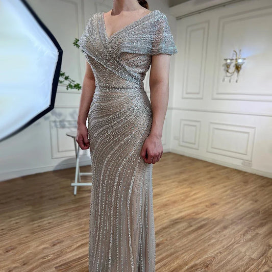 Silver Nude Mermaid Evening Gowns for Women 2023 Dubai Luxury Beading Sparkle Sleeveless Sexy Formal Dress BLA71686 Serene Hill