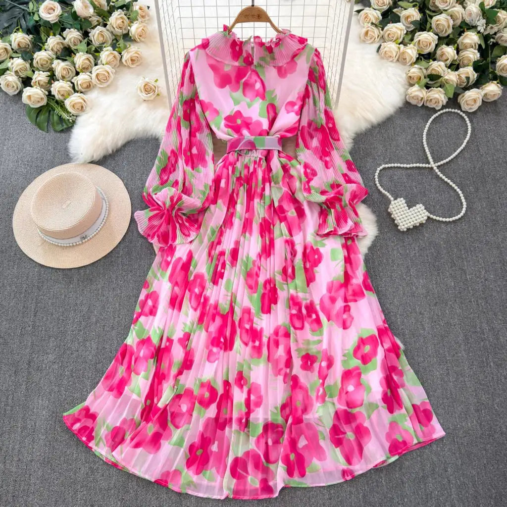 Summer Vintage Casual A-Line Floral Print Women Dress Elegant Chic Pleated Party Prom Vestidos with Belted Female Long Robe