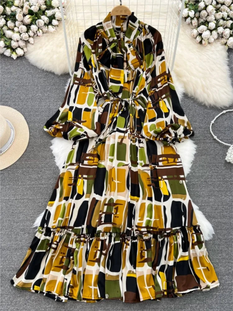 Elegant Casual A-Line Vintage Ruffle Print Long Dress Autumn Lantern Sleeve Party Boho Dresses Beach Holiday Female Vestidos