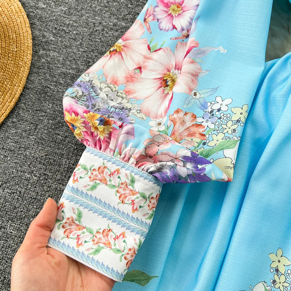 Spring Dresses 2024 Women Fashion Elegant Vintage Floral Print Dress V Neck Front Button Up Long Sleeve Holiday Mini Dress Woman