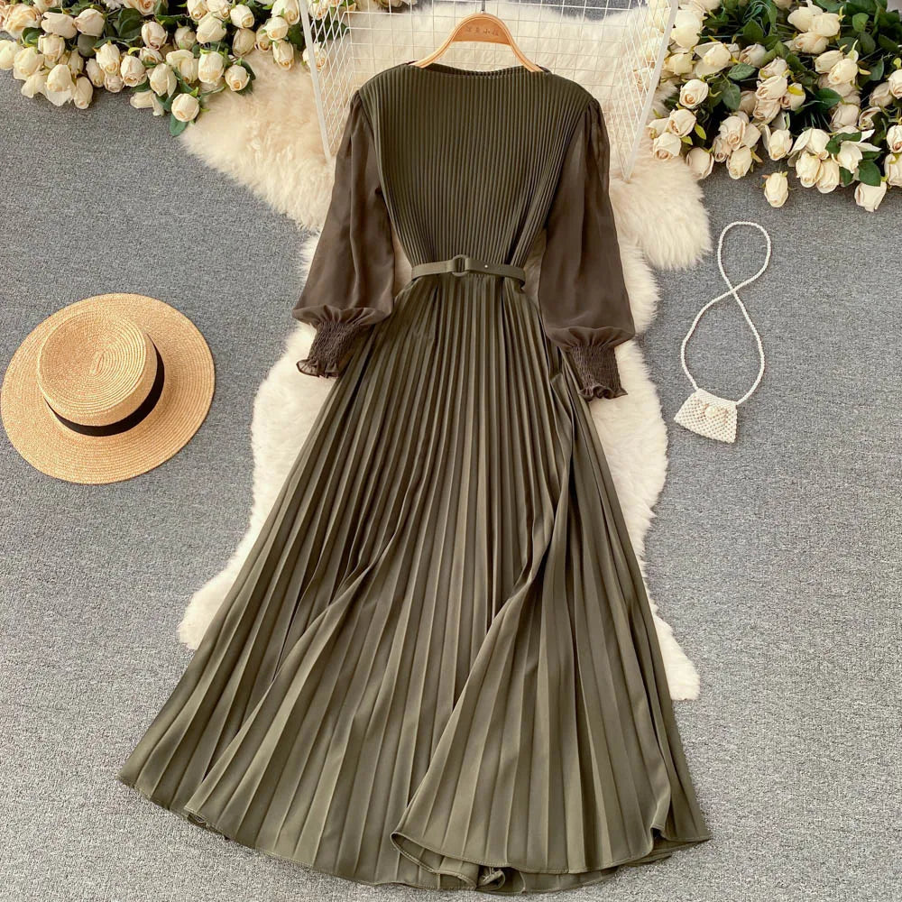 Chic Pleated Elegant Puff Sleeve Dress A-line Chiffon High Waist Belt Beach Vacation Party Dress Women Summer Spring Vestidos