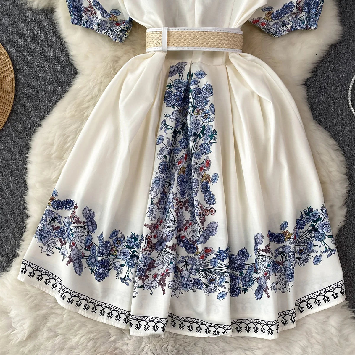 Party Dresses 2023 Elegant Vintage Floral Print Holiday Dress Women V Neck Short Puff Sleeve Summer Clothes Mini Dress With Belt