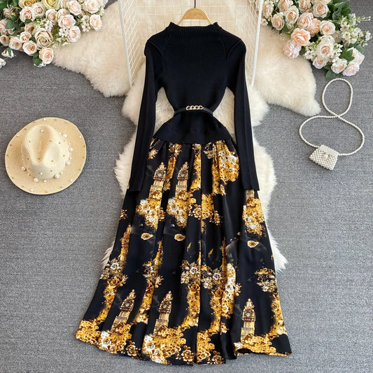 Women Chic Long Sleeve Stand Collar Patchwork A-line Dress Vintage Korean Fashion Knit Vestido Elegant Autumn Winter Knitwear