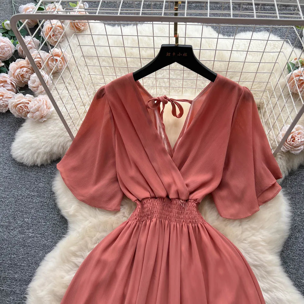Vintage Elegant V-neck chiffon Dress A-line Fashion Beach Spring Summer Vestidos Women Bandage Sweet dresses
