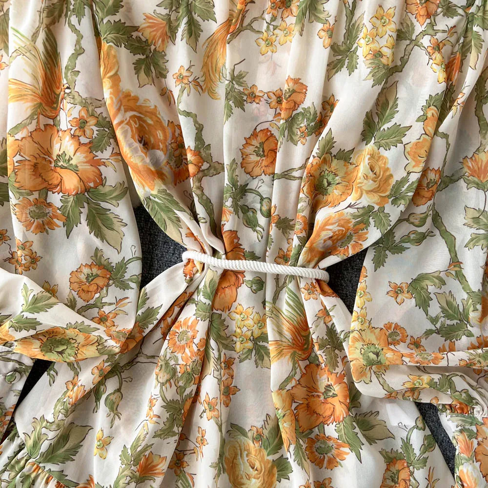 Elegant Party Dresses For Women Stand Collar Vintage Floral Print Dress Long Sleeve Holiday Beach Chiffon Mini Dress With Belt