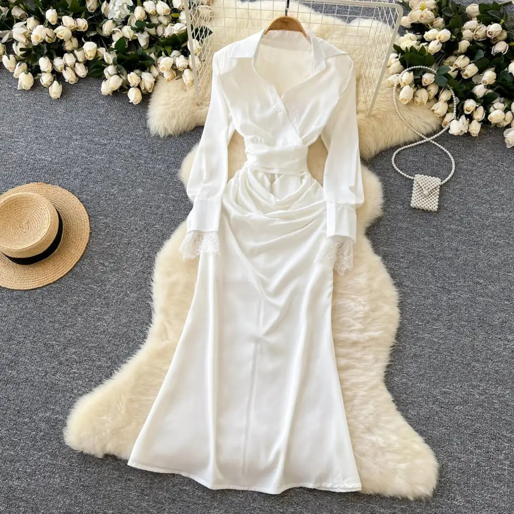 Elegant Solid Satin Midi Dress for Women Autumn Long Sleeve Lace Patchwork Office Work Shirt Dresses Lace-up Slim Waist Vestidos