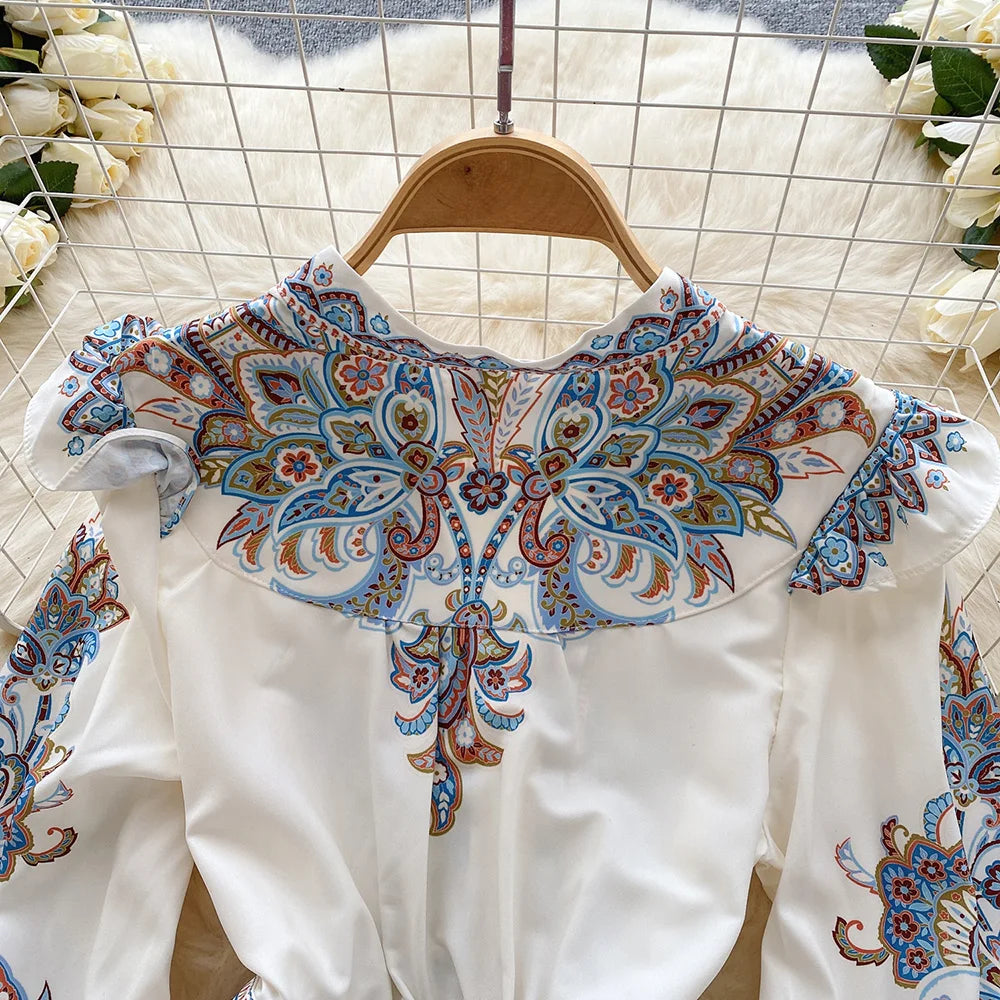 Elegant Dresses For Women 2024 V Neck Vintage Paisley Print Mini Holiday Dress Spring Ruffle Trim Long Sleeve Bohemian Dress