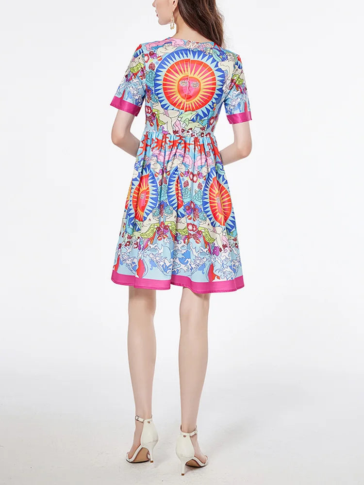 Fashion Vintage Print Summer Dresses For Women 2024 Round Neck Short Sleeve Mini Dress Elegant Party Dresses Womens Clothing