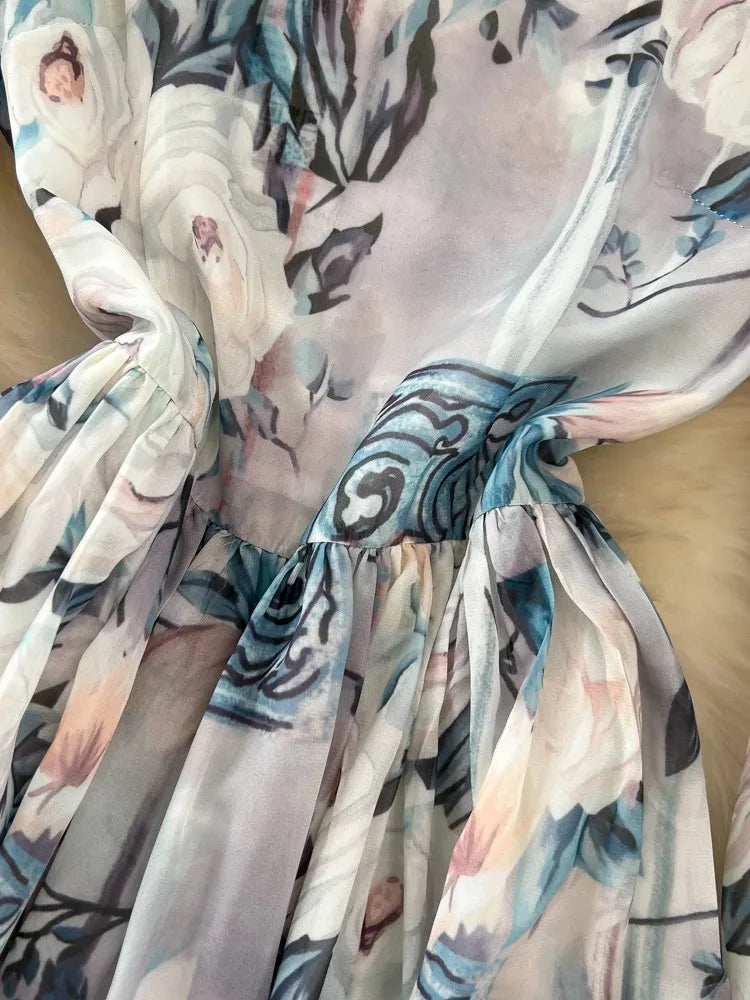 Elegant Chic A-Line Women Autumn Dress Long Sleeve Casual Floral Print Vintage Beach Holiday Vestidos Female Lace-up Robe Mujers