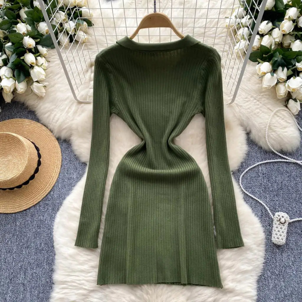 Y2k French Vintage Knitted Dress for Women Autumn Bodycon V-neck Long Sleeved Solid Simplicity Fashion Causal A-line Dresses