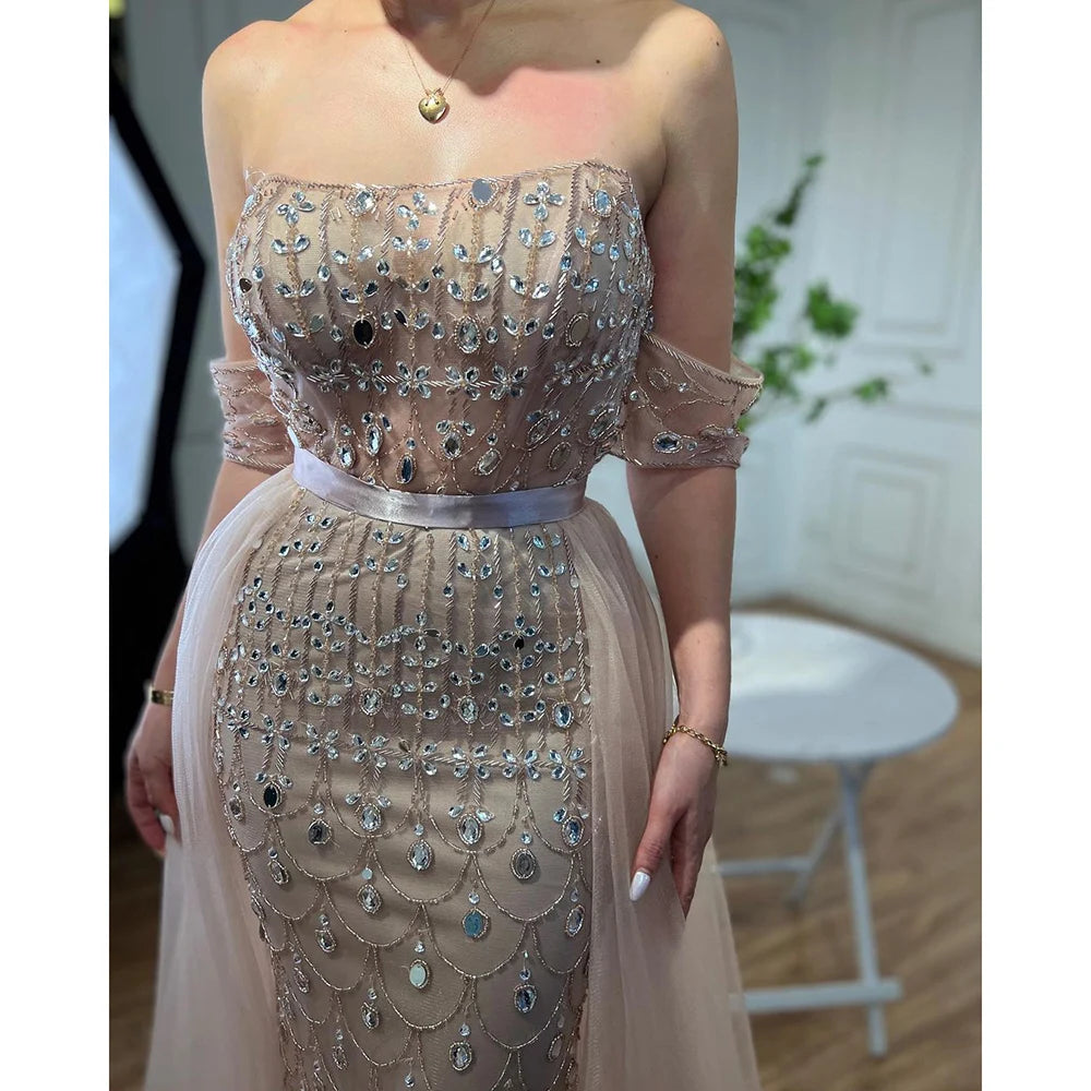 Serene Hill Arabic Caramel Mermaid Strapless With Overskirt Beaded Evening Dresses For Women Wedding Party 2024 LA71922