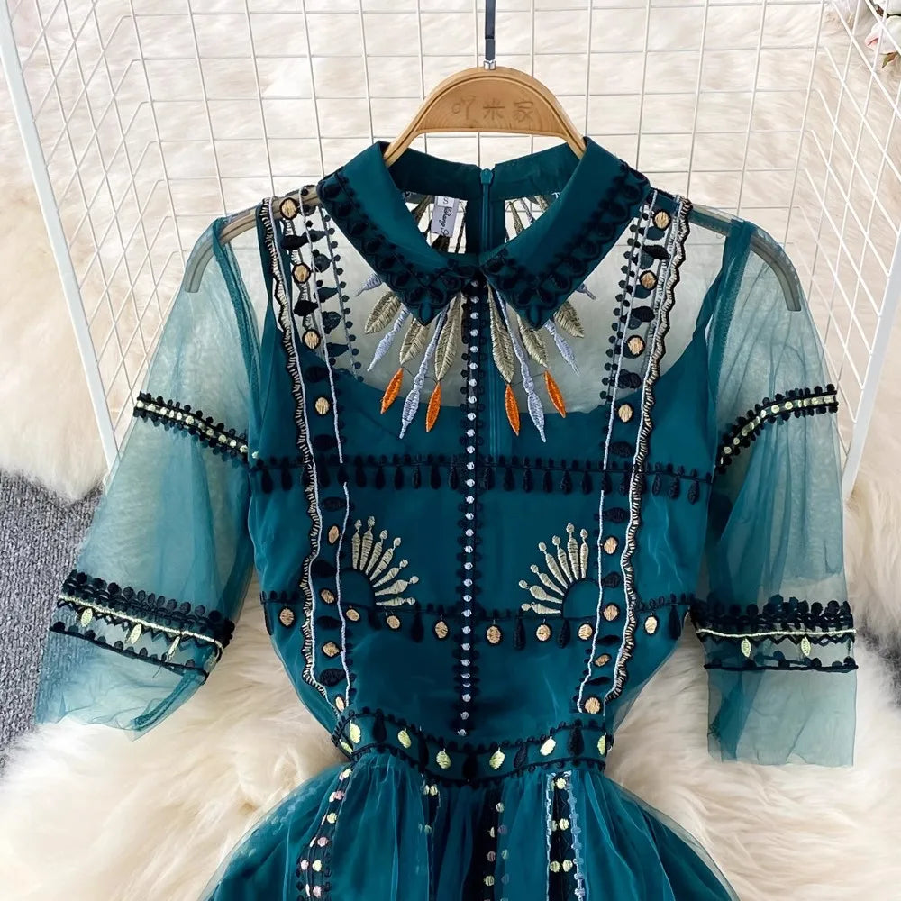 Luxury New Women Summer Embroidery Fashion Turn Down Collar Short Sleeve Party Casual Holiday Evening Runway Designer Dresses