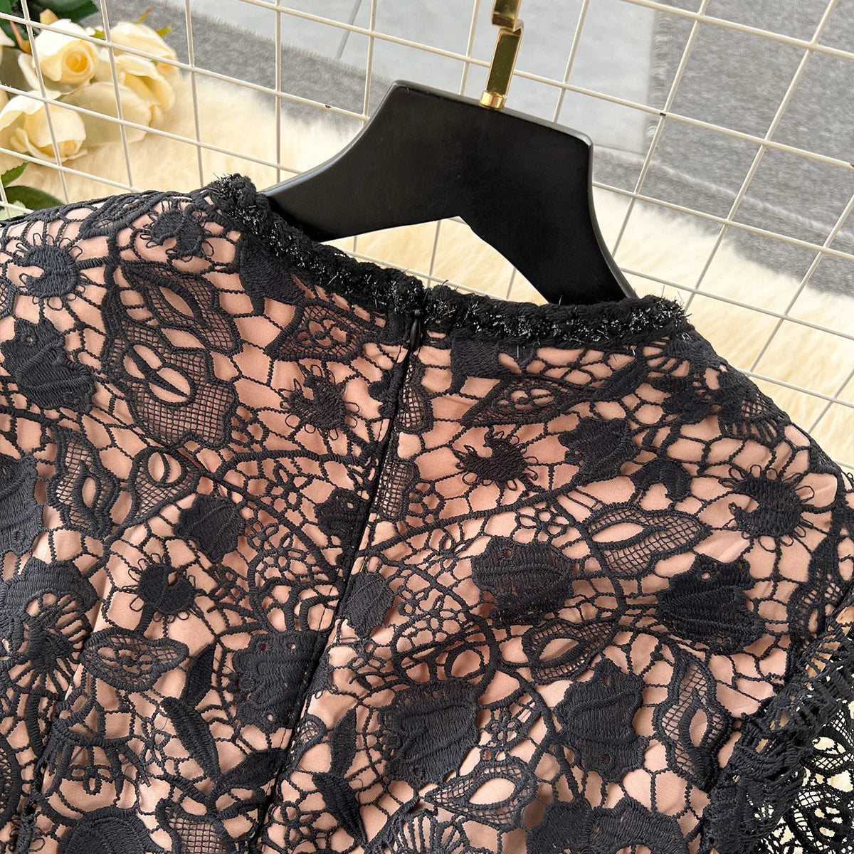 Luxury Wedding Elegant Party Dresses Women Golden Button Openwork Lace Dress Square Neck Short Sleeve Black Mini Dress With Belt