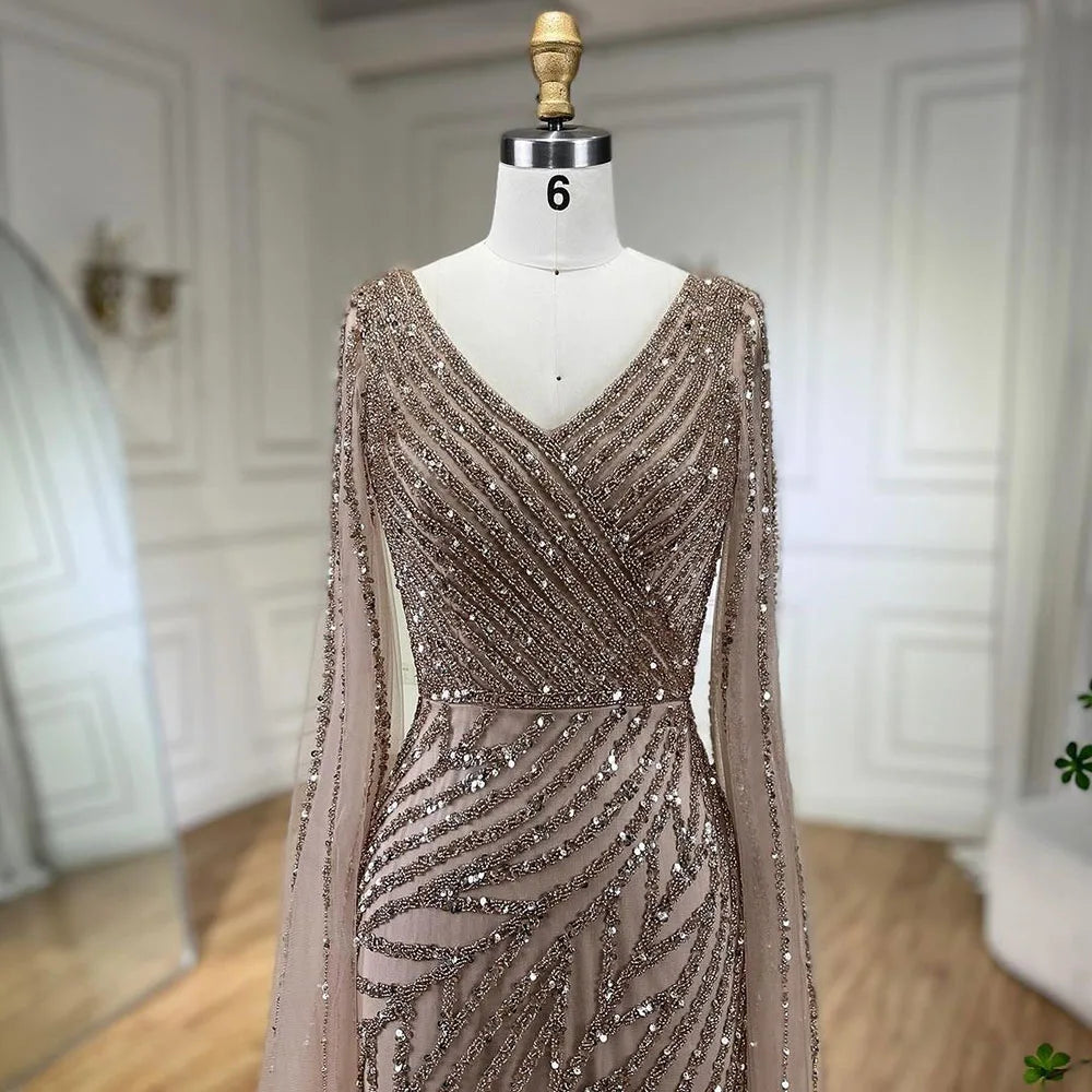 SERENE HILL 2024 Arabic Dubai Caramel Mermaid Luxury Beaded Evening Dresses Cape Sleeves Gowns For Women Wedding Party GLA71493A