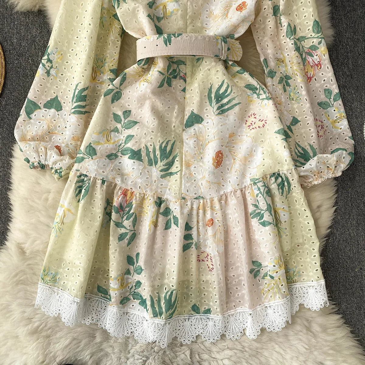 Elegant Party Dresses Woman Lace Trim Cutwork Embroidery Vintage Floral Print Dress 2023 New In Long Sleeve Mini Dress With Belt