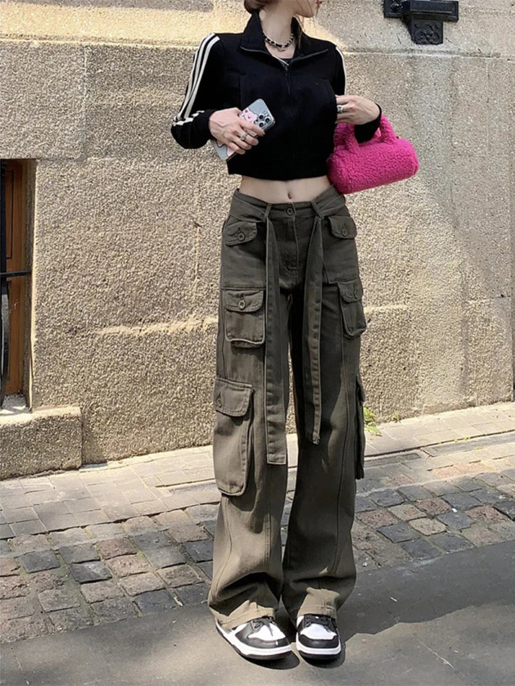 Women's High Waist Cargo Pants with Lace Belt Street Multi Pocket Straight Leg Casual Trousers Spring Autumn New Y2K Vintage