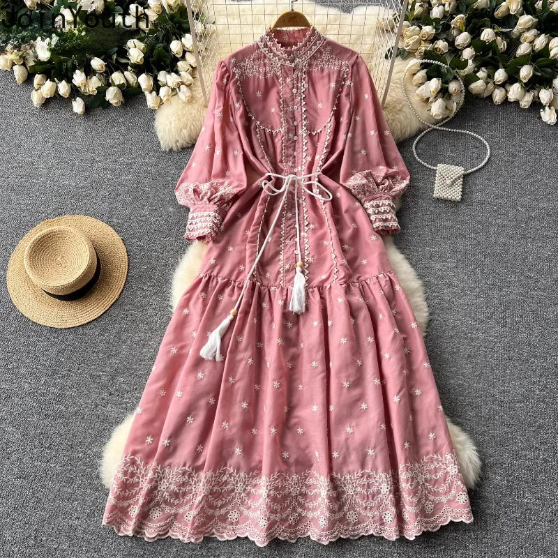 Vintage Embroidery Stand Collar Dresses for Women 2024 Summer New Robe Femme Heavy Elegant Lantern Sleeve Chic Vestido Feminino