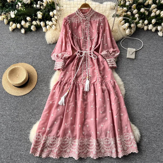 Vintage Embroidery Stand Collar Dresses for Women 2024 Summer New Robe Femme Heavy Elegant Lantern Sleeve Chic Vestido Feminino