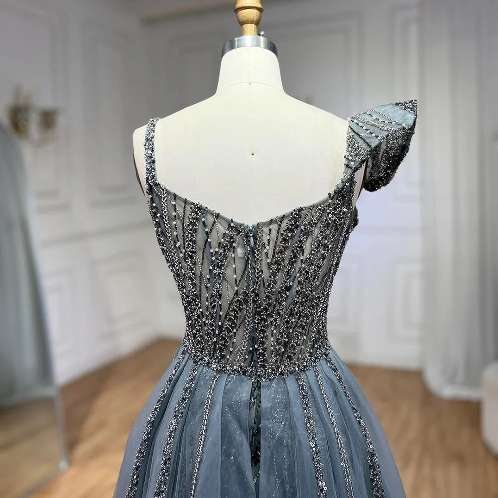 Serene Hill Golden Mermaid Evening Dress With Skirt - Women's Luxury Grey Beaded Spaghetti Strap Party 2024, LA72341