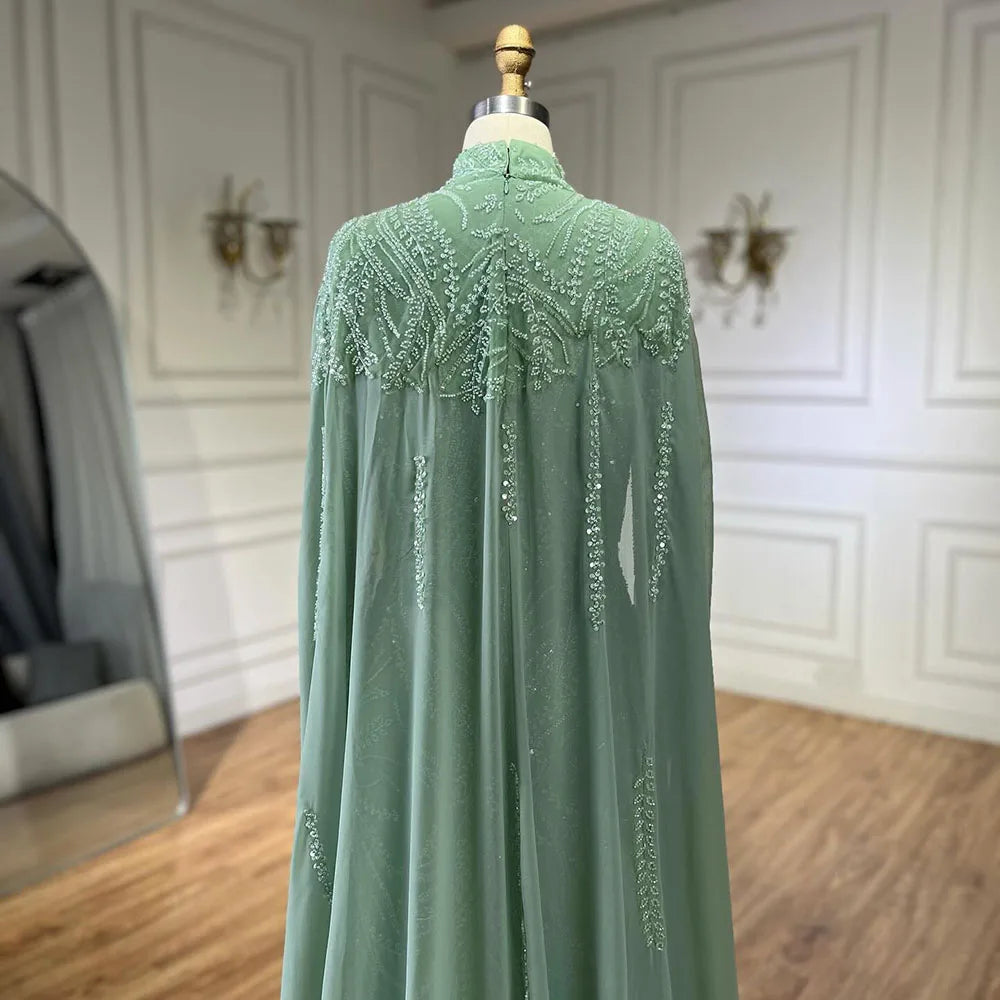 Serene Hill 2024 muslim Sage Green Mermaid Cape Sleeves Beaded Satin Luxury Evening Dresses Gowns for Women Party LA72413