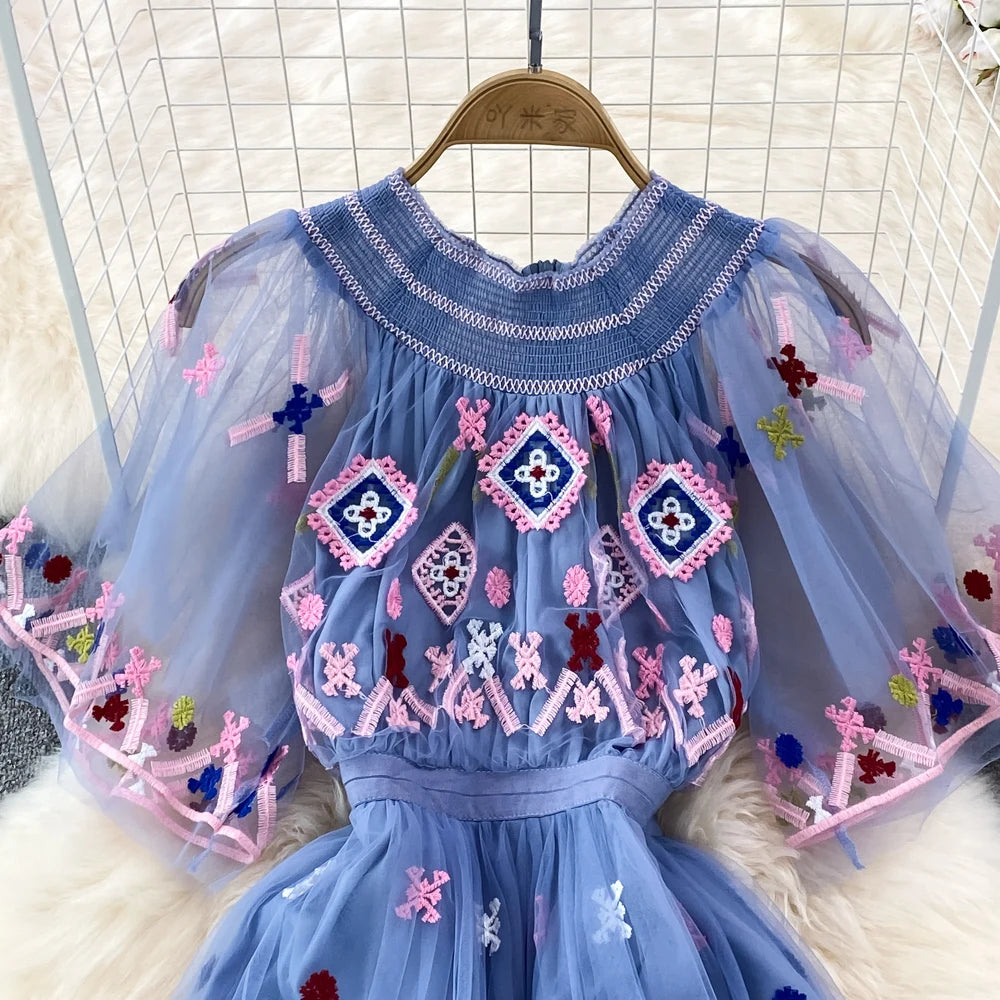 Summer Designer Fashion Runway Maxi Dress Women Short Sleeves Vintage High Quality Mesh Embroidery Long  Party Dress