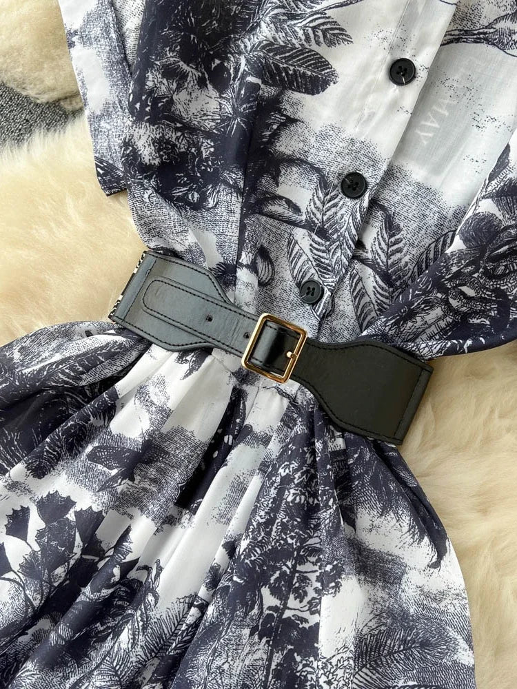 Vintage Tie Dye Print Shirt Dress Women Elegant Summer High Waist Slim A Line Printed Chiffon Long Robe Ladies Casual Long Robe
