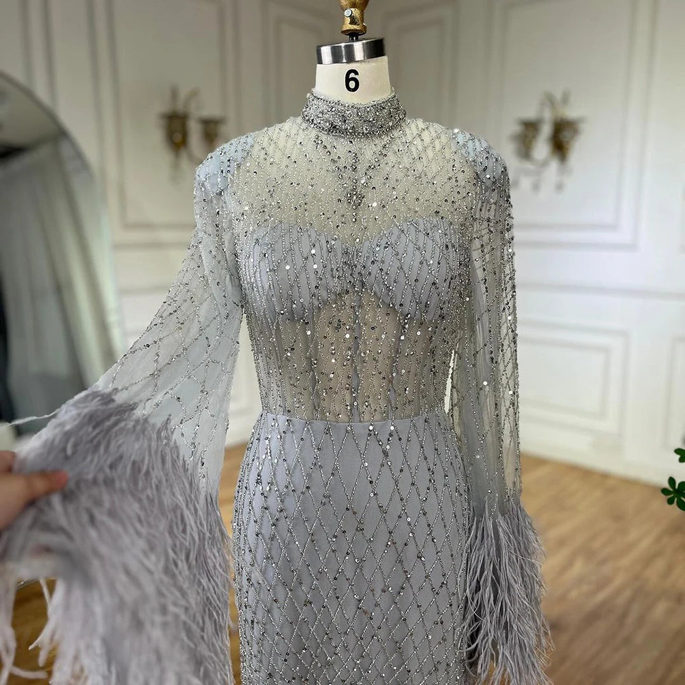 Serene Hill 2024 Women Wedding Party Dubai Gowns Nude Illusion Cut Out Lace Beaded Feathers Mermaid Long Evening Dresses LA72394