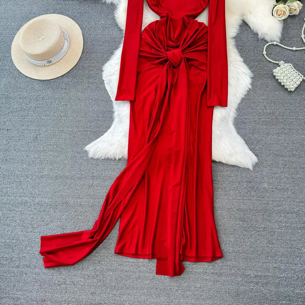 Autumn Solid Long Sleeve Party Dress for Women Sexy Bodycon Stand Collar Evening Dresses Bow Bandage Pleated Slim Waist Vestidos