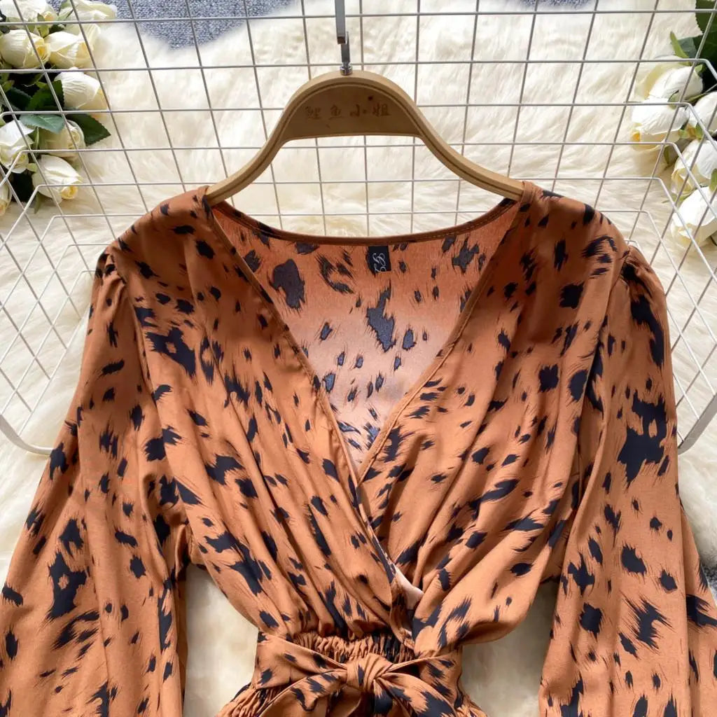 Women Casual Vintage Print Ruffle Long Dress Autumn Elegant V Neck Lantern Sleeve Party Mermaid Dresses Holiday Female Mujer New