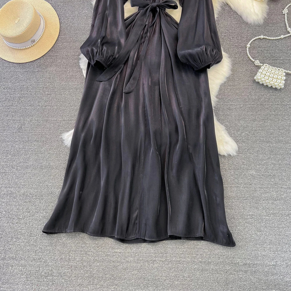 Autumn Elegant Women Fashion Party Long Dress Bow Lace Up Long Sleeve Evening Dresses A-Line Casual Vestidos One Piece Prom Robe