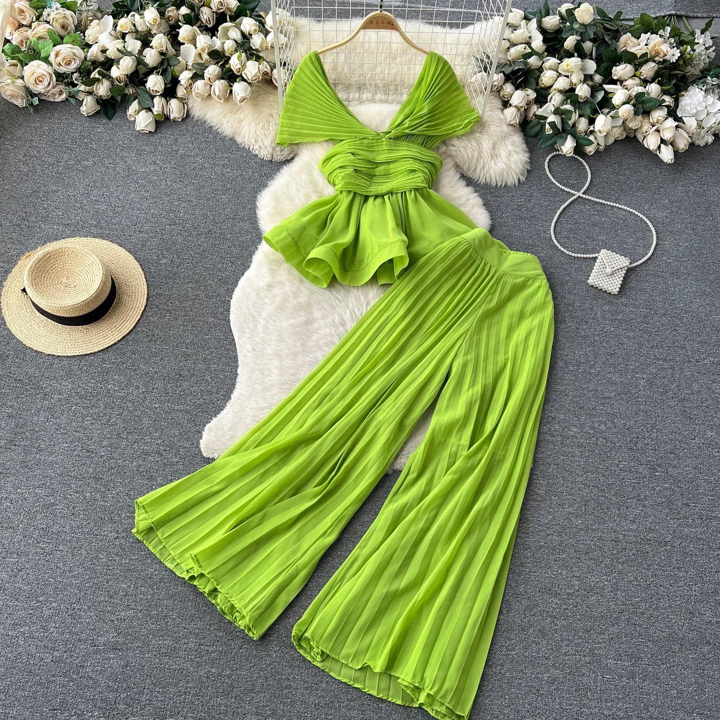 Sexy Two Pieces Sets Chic Pleated Sleeveless Off Shoulder Top with Fashion Hotsweet High Waist Wide Leg Pant Sets