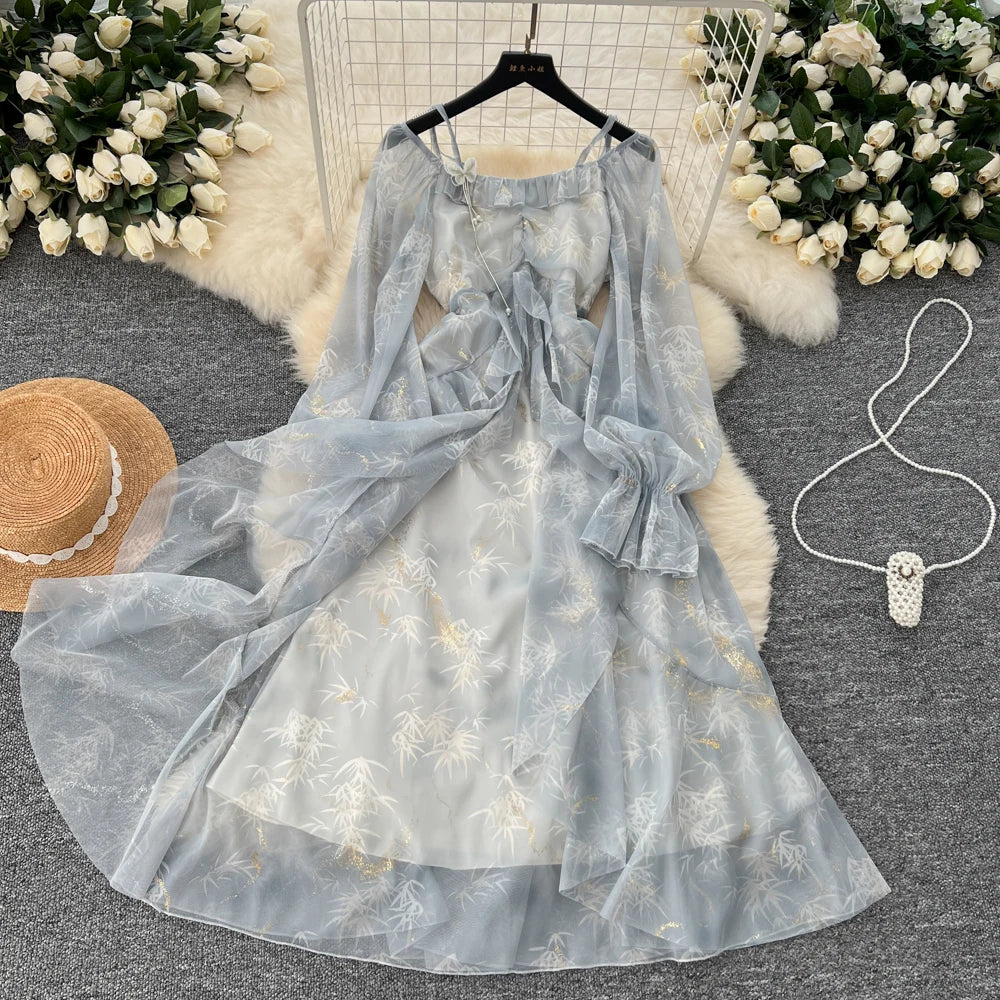 Elegant Bright Silk Print Party Dress for Women Casual Off Shoulder Spaghetti Strap Flare Sleeve Slim Waist Vestidos A-Line Robe