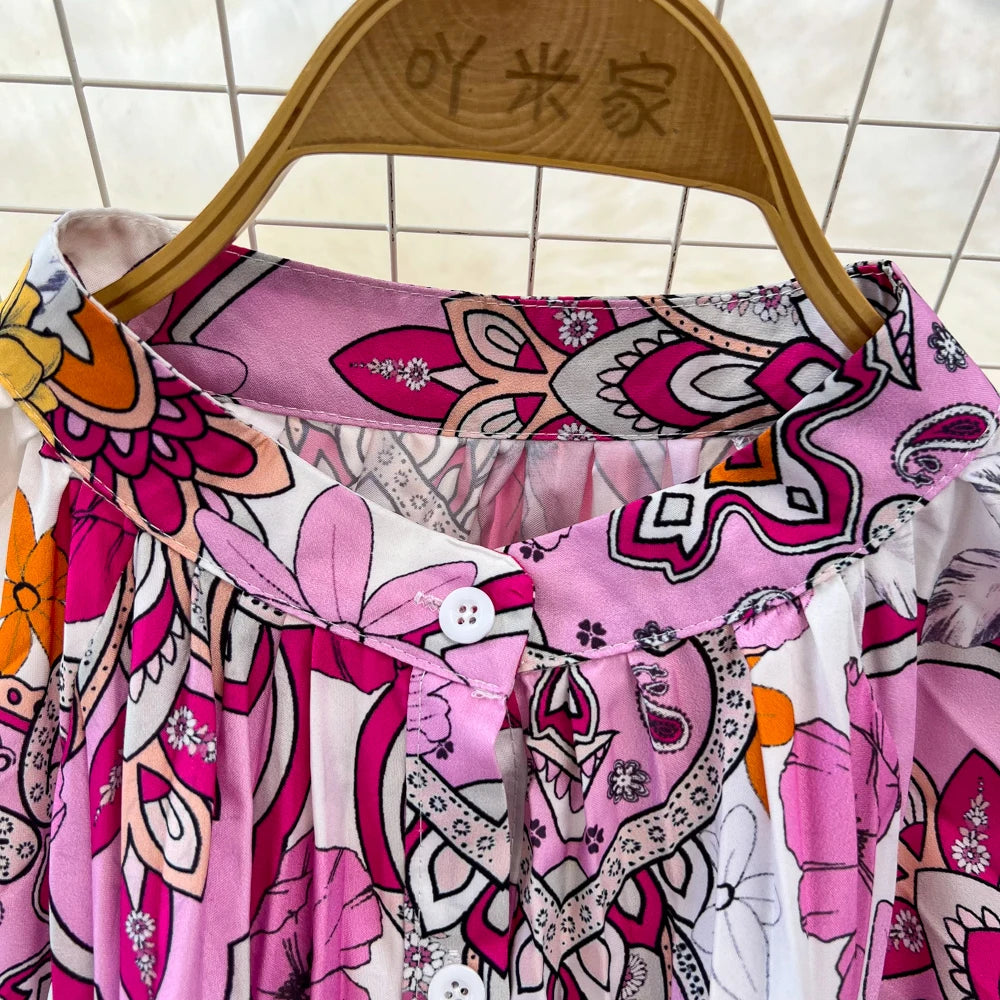 Elegant Women Casual Floral Print Party Dress Vintage Lantern Sleeve A-Line Pleated Prom Birthday Clothes Female Fashion Robe