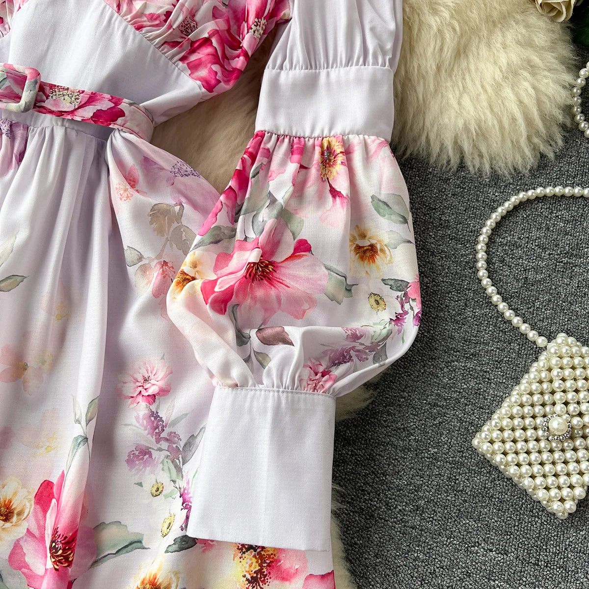 Elegant Party Dresses Women Round Neck Button Up Vintage Floral Print Dress Spring Summer Long Lantern Sleeve Belted Mini Dress