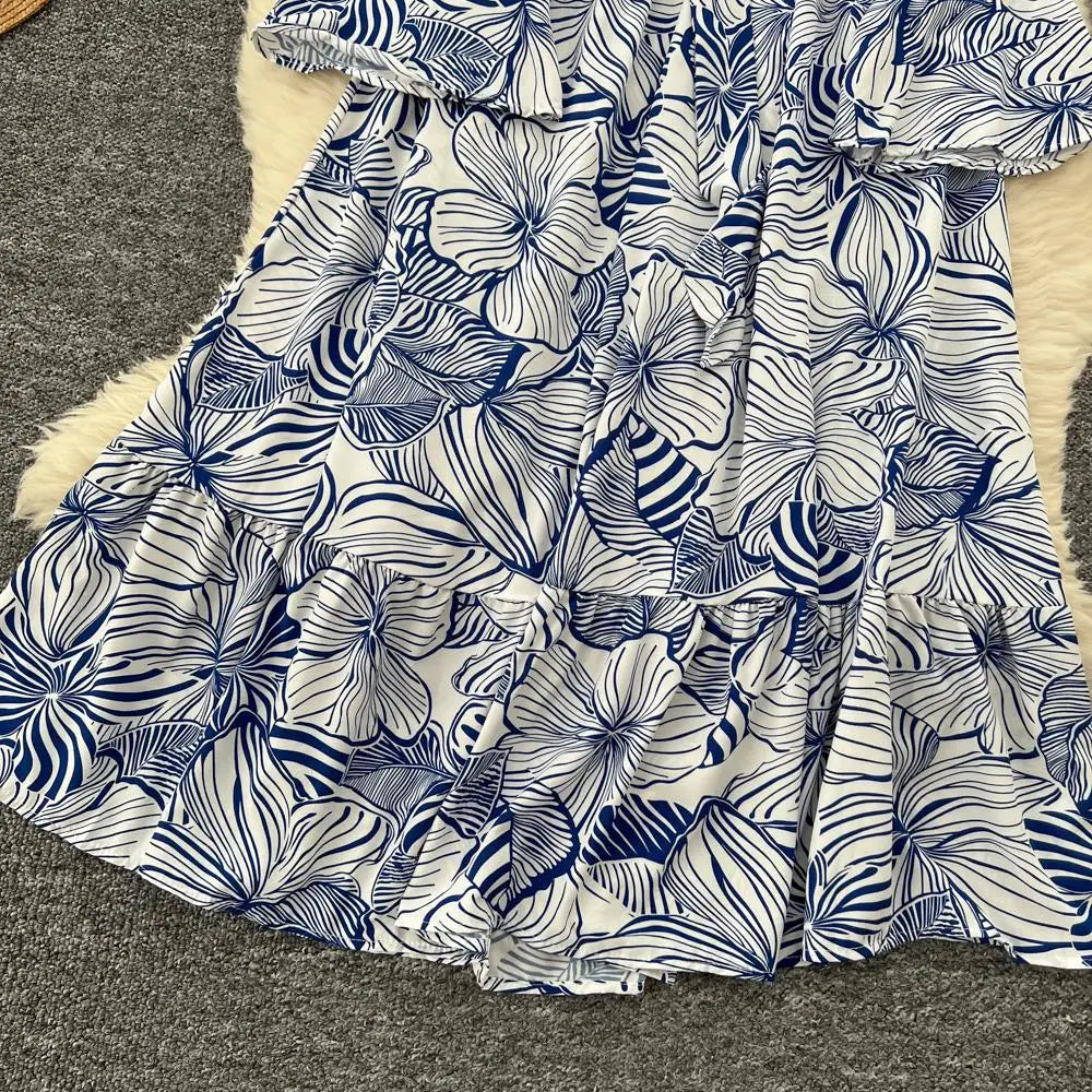 Women Vintage Print Dress for Women Autumn Flare Long Sleeves Lace Up Ruffles Slim Waist Evening Party Dresses A-Line Vestidos