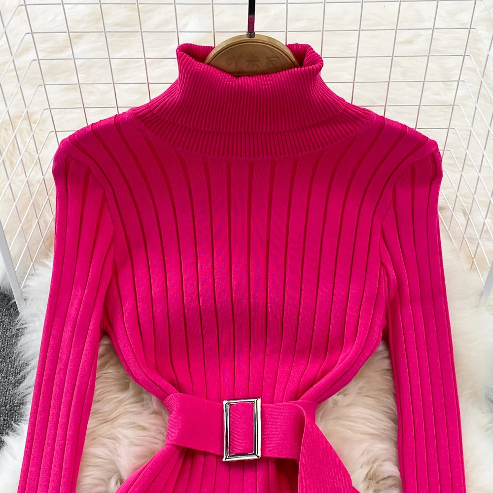 Chic Elegant Turtleneck Long Sleeve Bodycon Dress with Belt Sexy Fashion Knit Vestido Slim Autumn Winter Pencil Sweater Robe