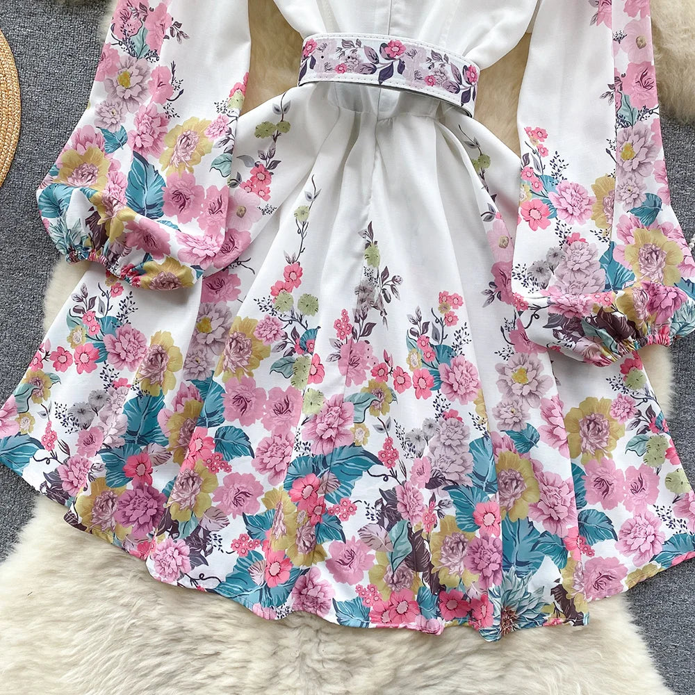 Spring Clothes For Women Vintage Floral Print Dress Stand Collar Long Sleeve Mini Dress With Belt Wedding Elegant Party Dresses