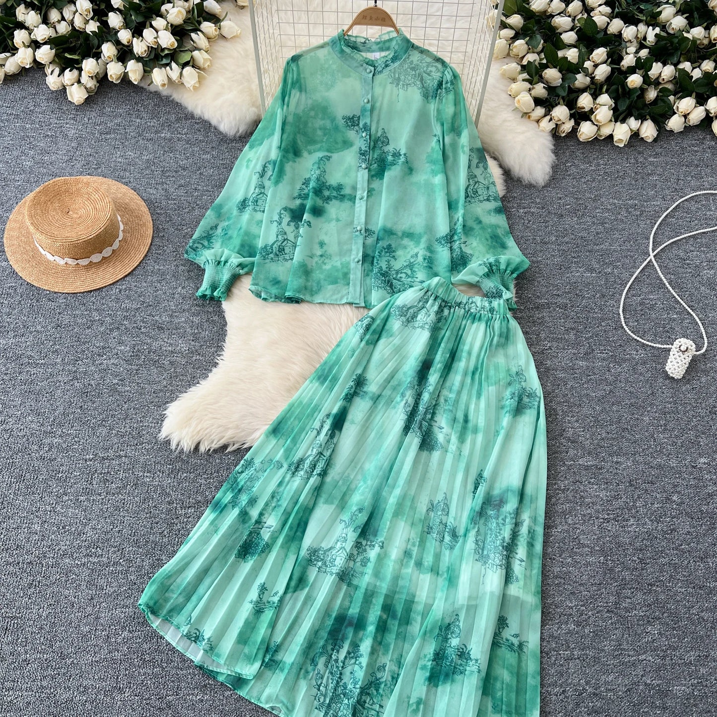 Women Chic Print Sweet Two Pieces Sets Bow Lantern Long Sleeve Top  High Waitst Wide Skirt Fashion Summer Sets