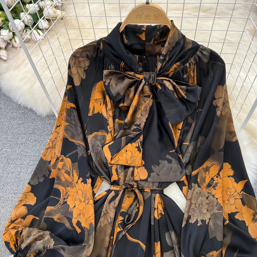 Elegant Casual A-Line Vintage Ruffle Print Long Dress Autumn Lantern Sleeve Party Boho Dresses Beach Holiday Female Vestidos