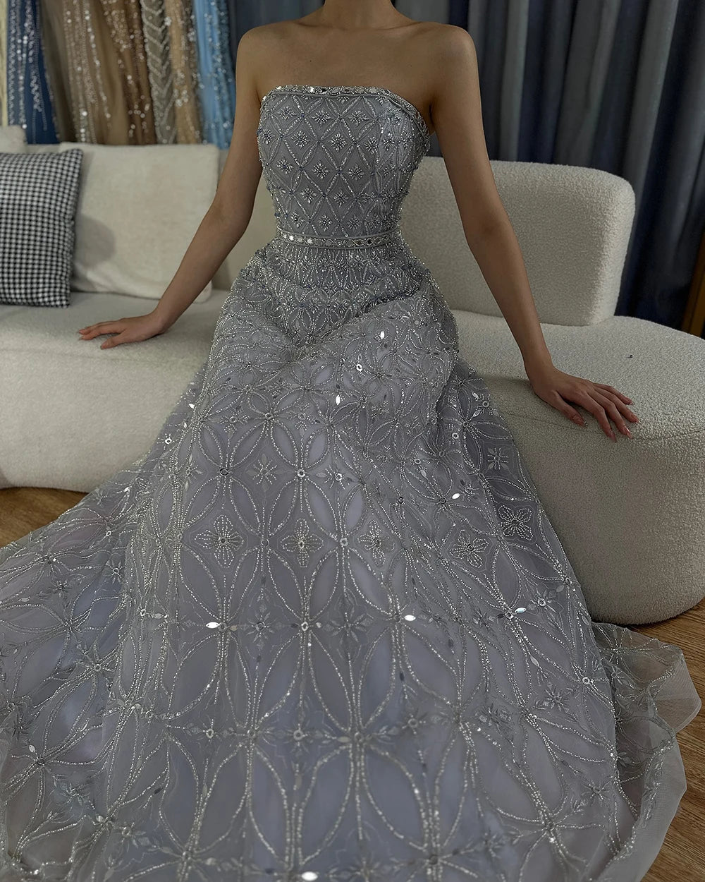 Serene Hill 2024 Arabic Gray A Line Elegant Strapless Beaded Long Evening Dresses Gowns for Formal Occasion LA72755