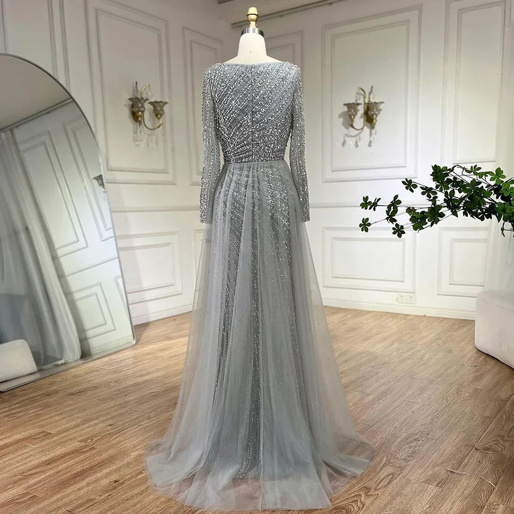 SERENE HILL 2024 Arabic Dubai Silver Gray Beaded Mermaid Evening Dresses Long Sleeves Gown With Skirt For Women Party GLA71618L