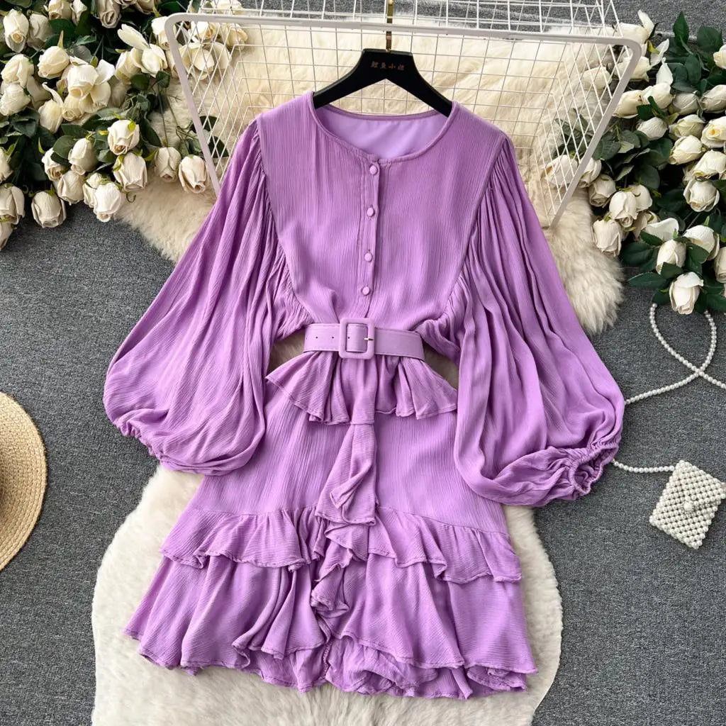 Vintage Puff Sleeve Ruffle Dress Women O-Neck A-Line Elegant Casual Party Prom Dresses Korean Autumn Fashion Female Vestidos New