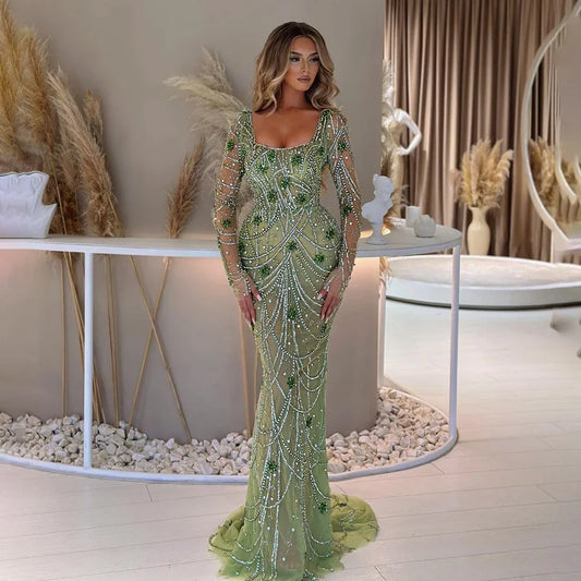Serene Hill Luxury Dubai Green Mermaid Elegant Crystal Beaded Arabic Evening Dresses Gowns For Women Wedding Party 2023 BLA72242