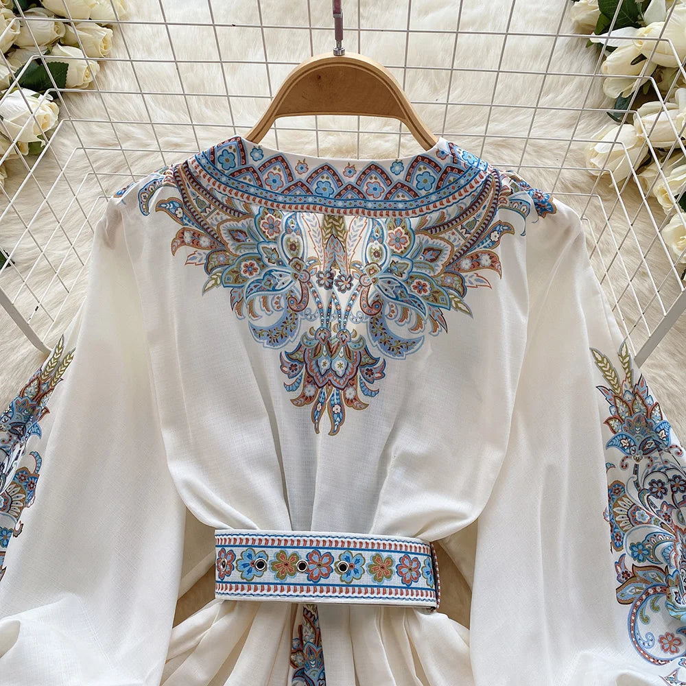 Bohemian Dresses For Women 2024 V Neck 3/4 Sleeve Spring Summer Vacation Mini Dress With Belt Boho Vintage Paisley Print Dress